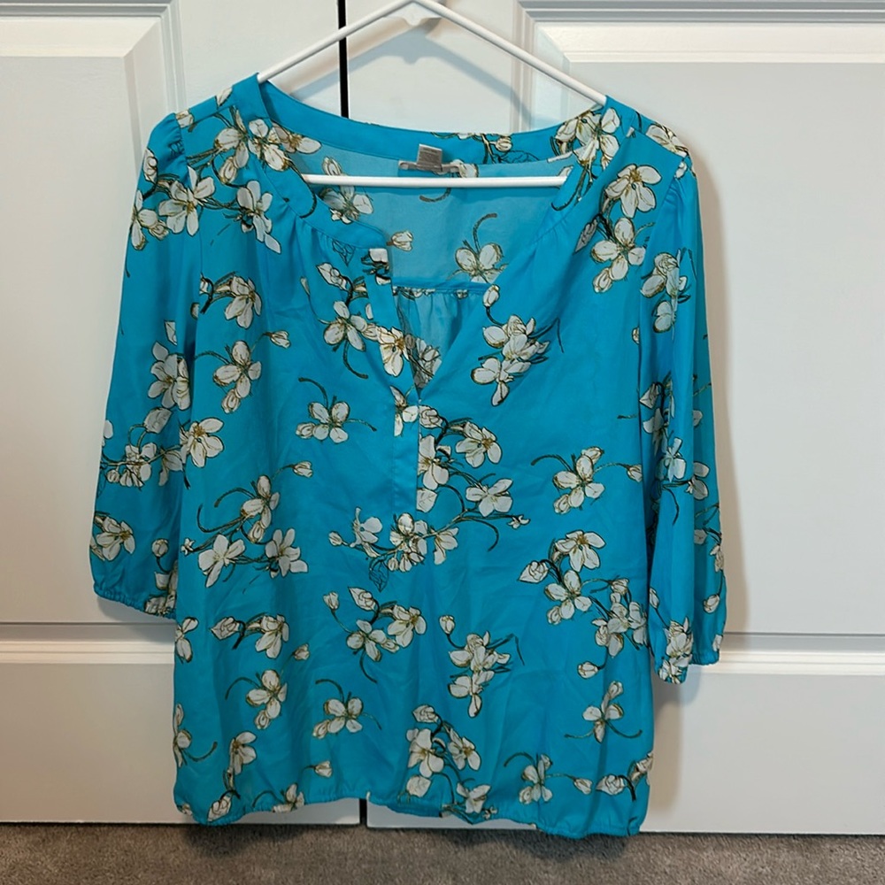 Loft Turquoise blue 3/4 sleeve blouse with flowers size Lage
